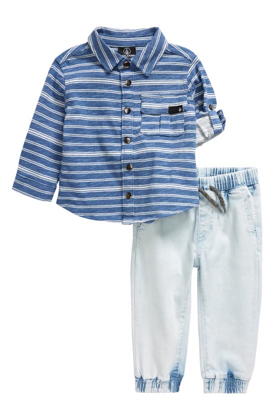 Shop Volcom Slub Snap Front Knit Shirt & Denim Joggers Set In Blue