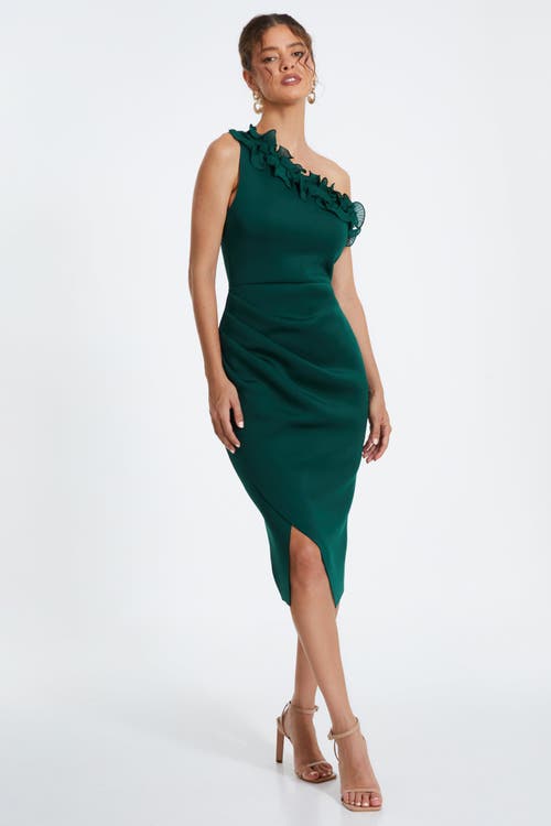 Quiz Scuba One-shoulder Trim Ruched Midi Dress In Green
