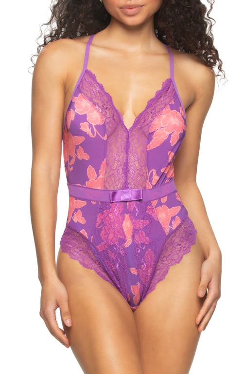 Henny Satin & Lace Thong Bodysuit in Cabana Floral