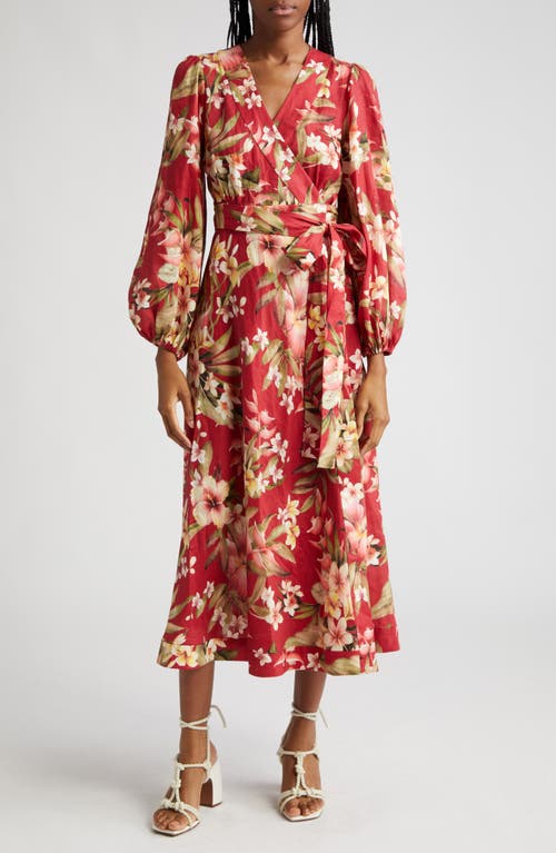 Zimmermann Lexi Floral Long Sleeve Linen Wrap Dress Red Palm at Nordstrom,