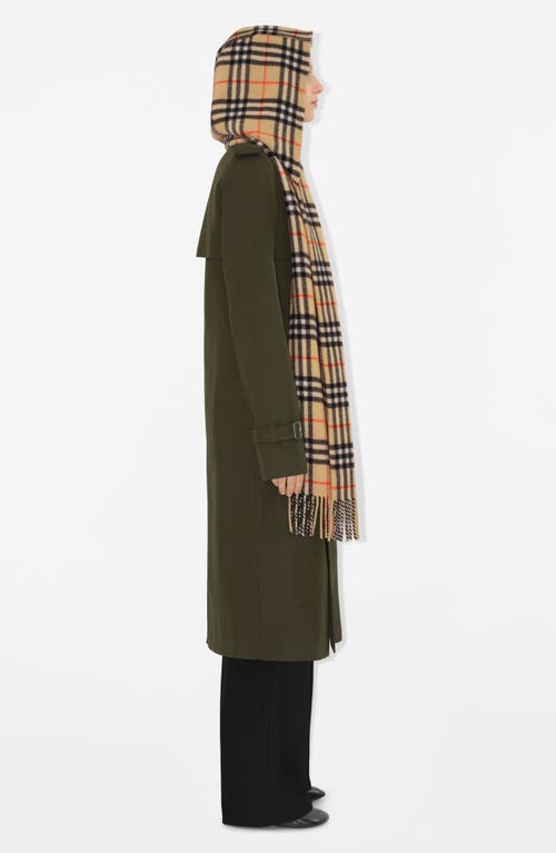 Shop Burberry Check Hooded Cashmere Fringe Scarf In Sand