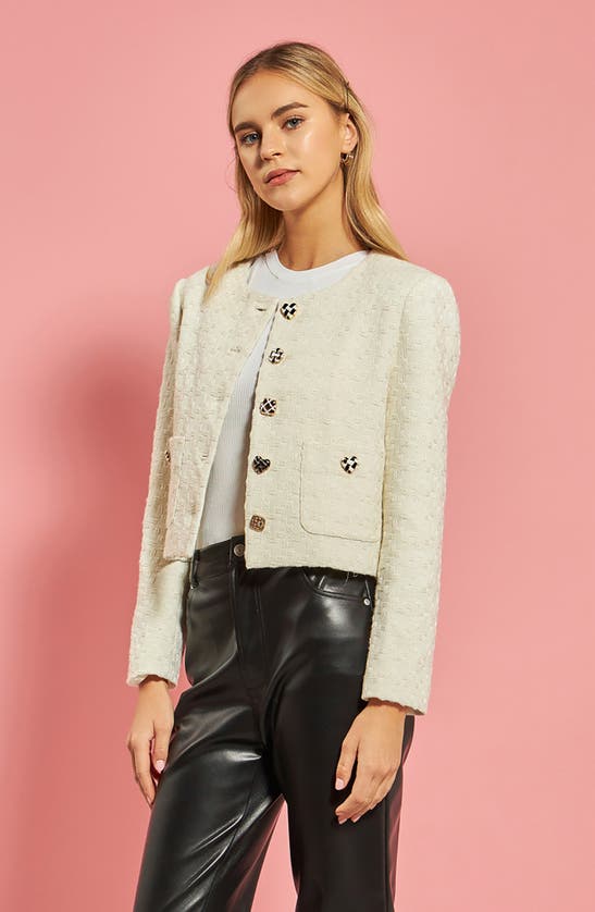 Shop English Factory Premium Textured Houndstooth Crop Jacket In Ivory