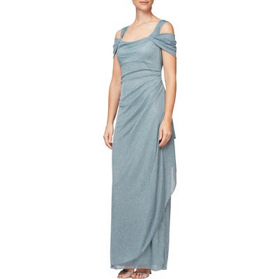 Alex Evenings Cold Shoulder Ruffle Glitter Gown, Green