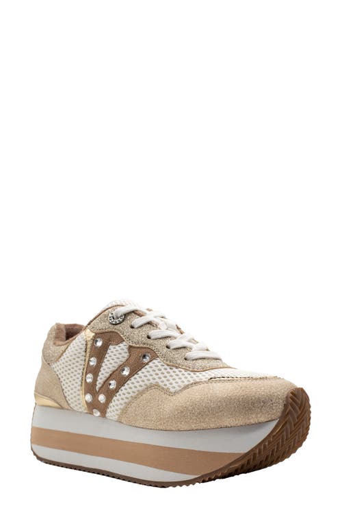 Volatile Beckett Crystal Embellished Mixed Media Platform Sneaker in Gold 