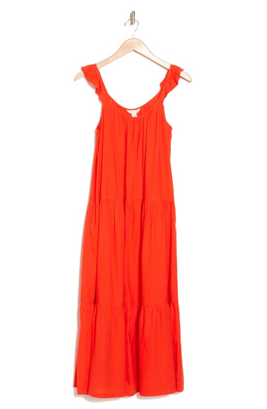 Shop Caslon ® Flutter Sleeve Tiered Linen Blend Midi Dress In Red Grenadine