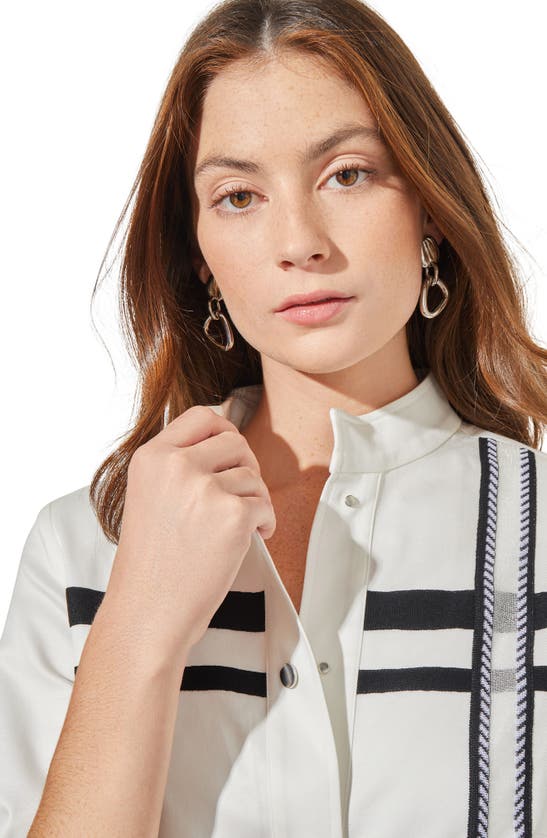 Shop Ming Wang Stripe Stand Collar Jacket In White/ Black
