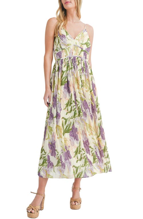 Mila Mae Plissé Floral Midi Dress in Cream Purple Floral at Nordstrom, Size Medium