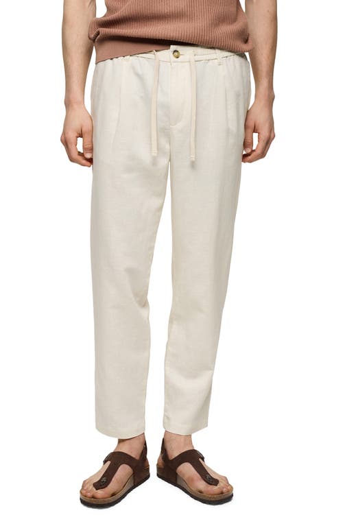 MANGO MANGO SLIM FIT PLEATED CROP LINEN & COTTON DRAWSTRING PANTS 