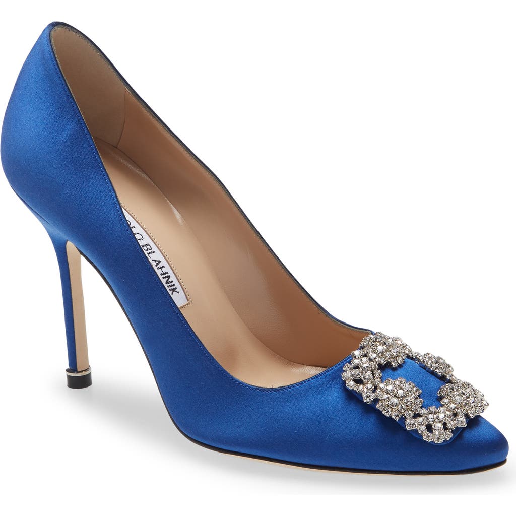 Manolo Blahnik Satin Hangisi 105 Pumps With Jewel Embellishment In Blue