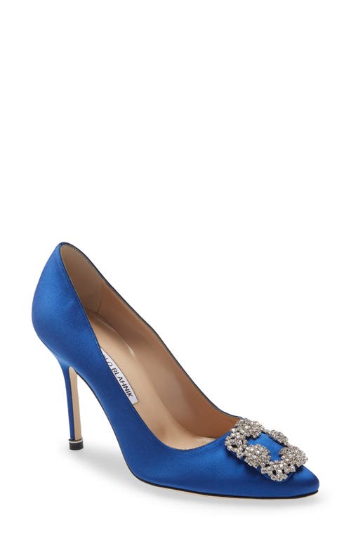 Shop Manolo Blahnik Hangisi Crystal Buckle Pump In Blue Satin Clear/buckle