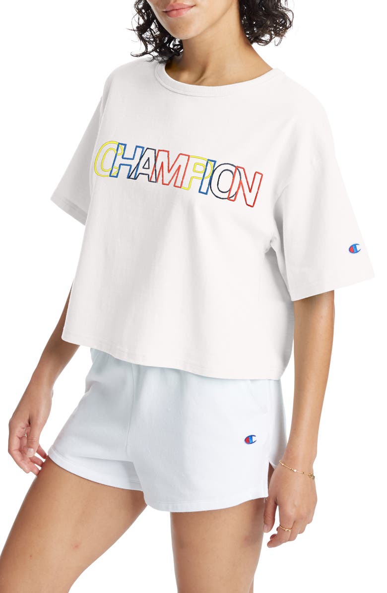 CHAMPION Heritage Logo Embroidered Crop T-Shirt, Main, color, WHITE
