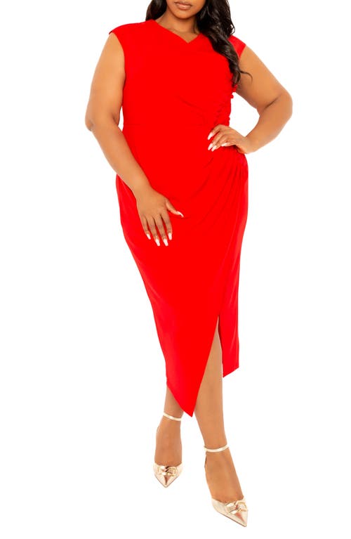 Shop Buxom Couture Asymmetric Button Detail Faux Wrap Midi Dress In Red