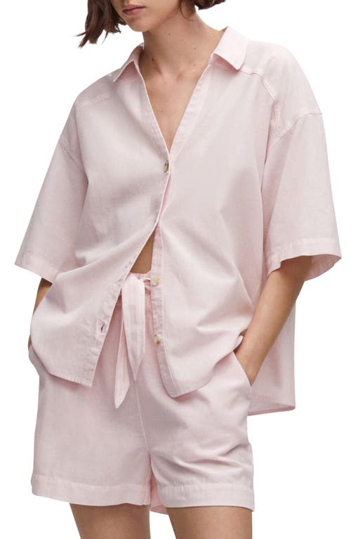 MANGO Short Sleeve Cotton & Linen Button-Up Shirt in Pastel Pink at Nordstrom, Size 4