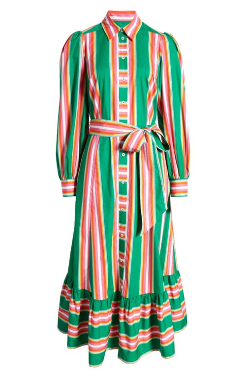 Shop Boden Long Sleeve Tie Belt Midi Shirtdress In Green Tambourine And Pink