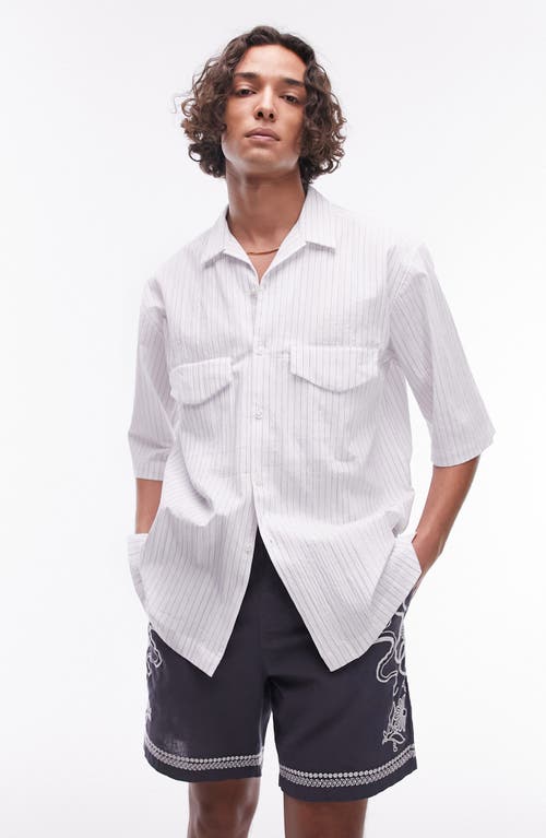 Topman Pinstripe Relaxed Short Sleeve Button-Up Shirt White at Nordstrom,