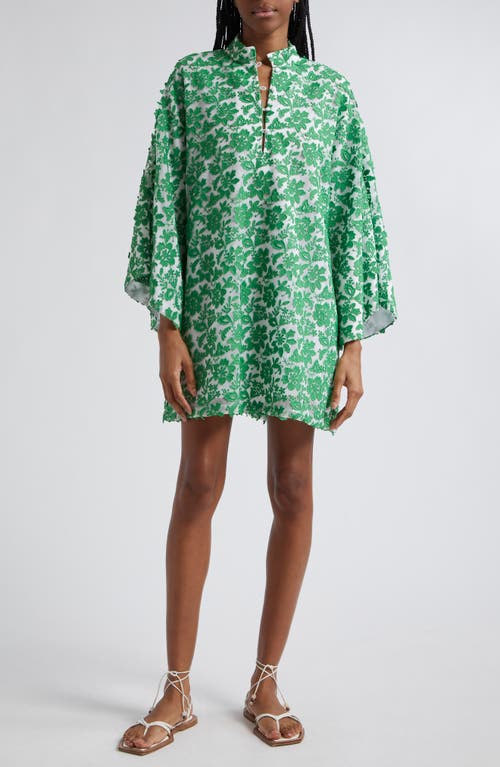 Floral Embroidery Cover-Up Mini Caftan in Green/White