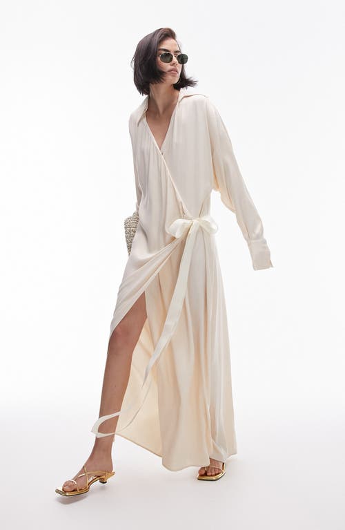 Long Sleeve Wrap Midi Shirtdress in Ivory