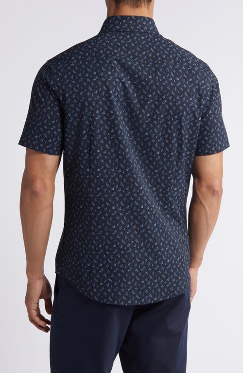 Shop Mizzen + Main Mizzen+main Leeward Trim Fit Leaf Print Short Sleeve Performance Button-up Shirt In Navy Multi Leaf