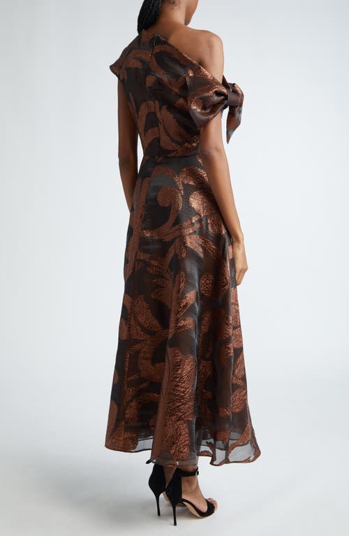 Shop Lela Rose Evelyn Asymmetric Neck Metallic Jacquard Dress In Chestnut