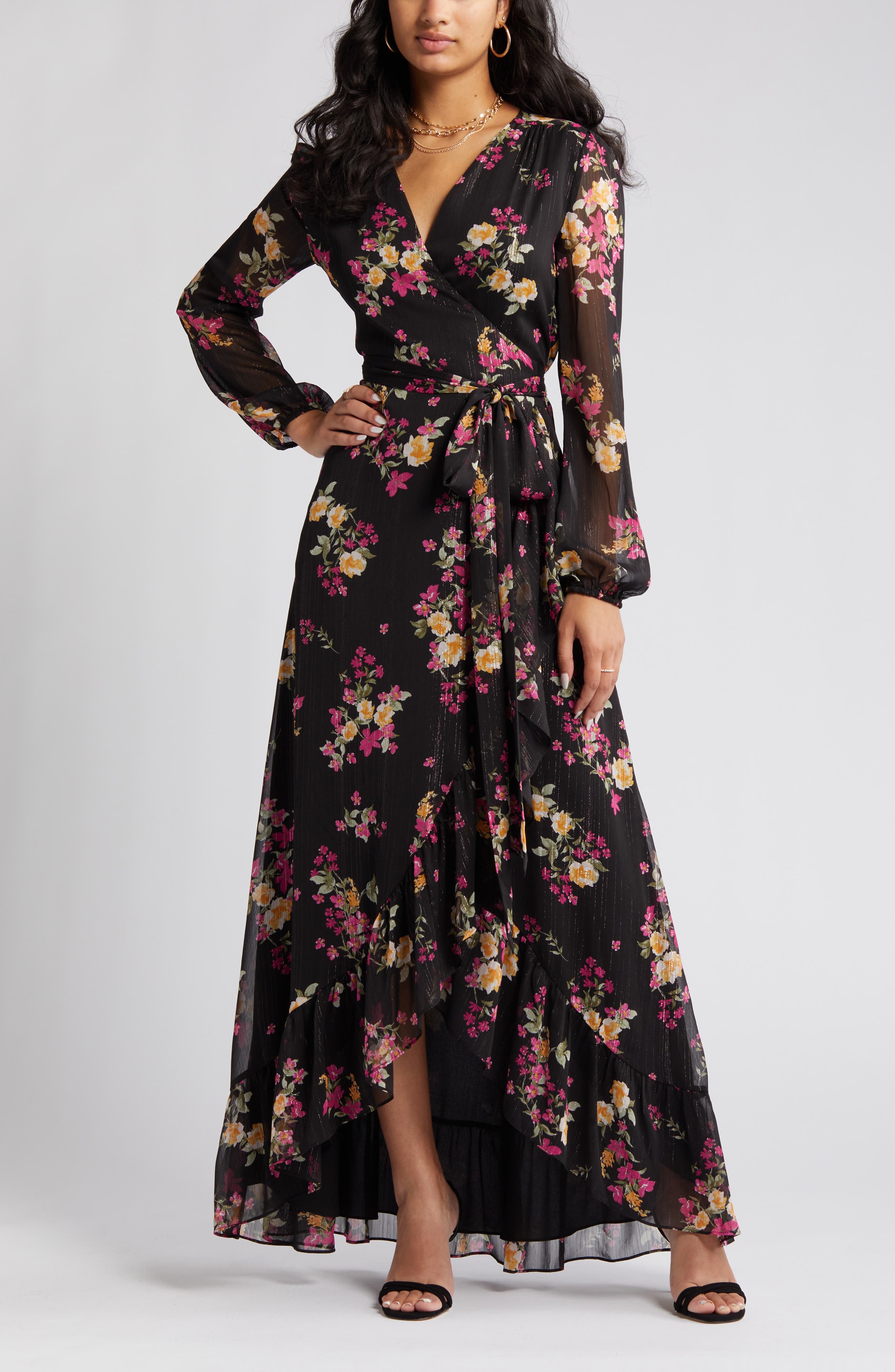 v neck maxi dress casual PRETTYGARDEN Women's Summer Maxi Dress Casual Wrap Floral Boho Short S main image 1