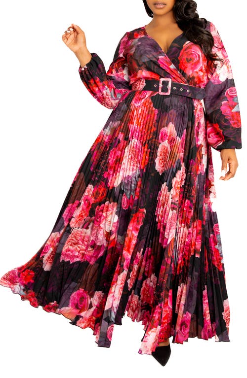 Shop Buxom Couture Floral Long Sleeve Pleated Maxi Dress In Black Multi