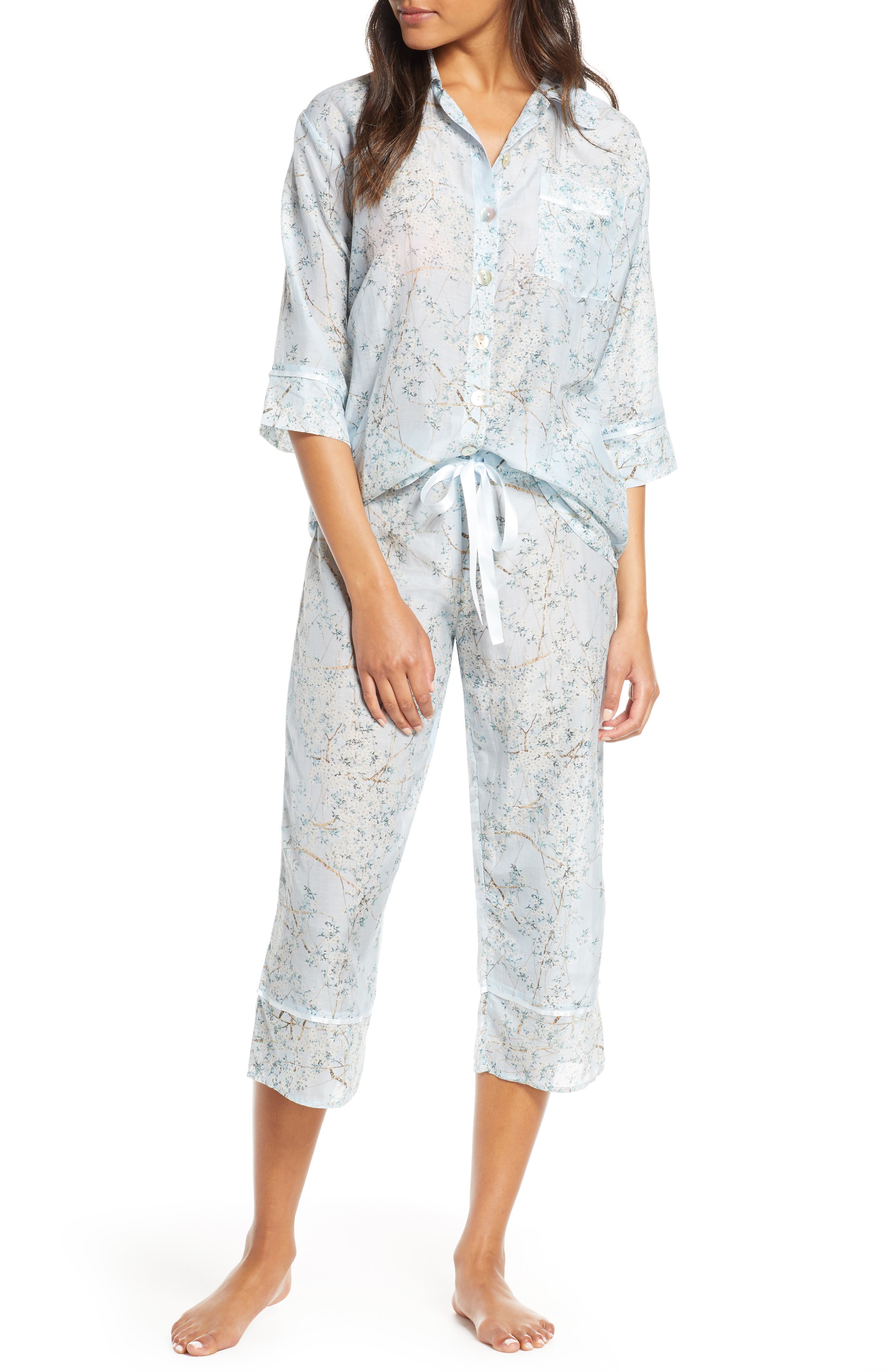 Papinelle Cherry Blossom Cotton & Silk Crop Pajamas, Blue