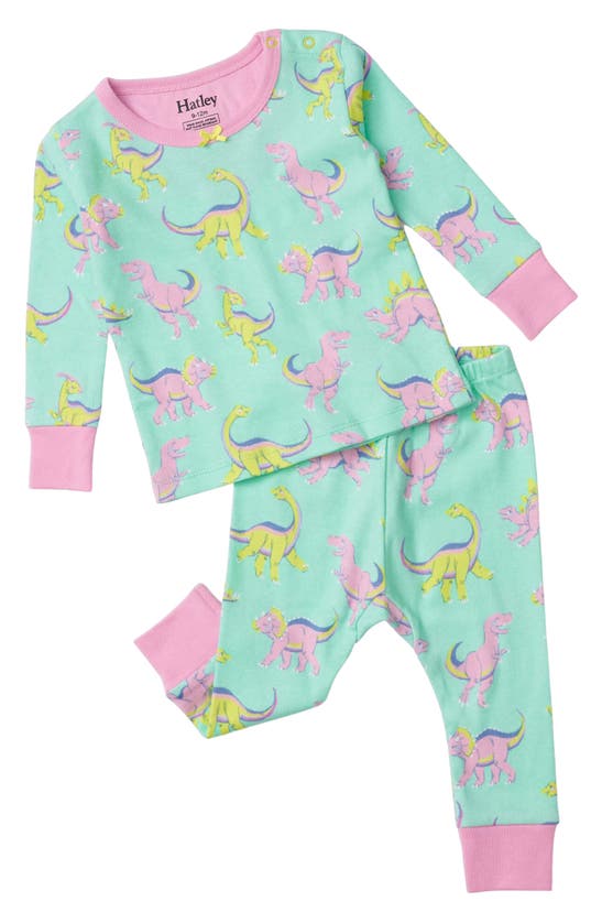 Hatley Babies' Rainbow Dinos Fitted Two-piece Pajamas In Green