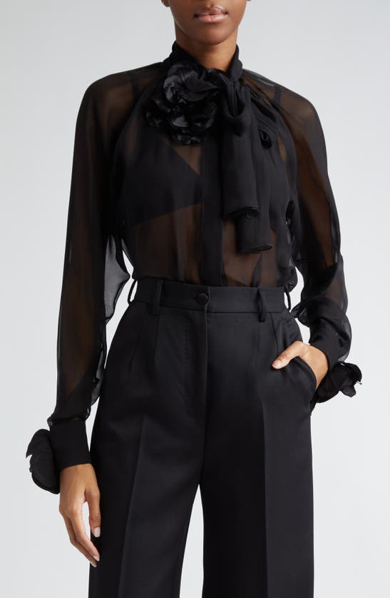 Dolce & Gabbana Dolce&gabbana Floral Appliqué Tie Neck Sheer Silk Shirt In Nero