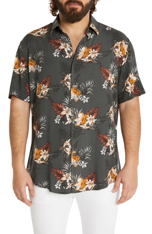 Johnny Bigg Odessa Hibiscus Print Floral Short Sleeve Button-Up Shirt in Charcoal