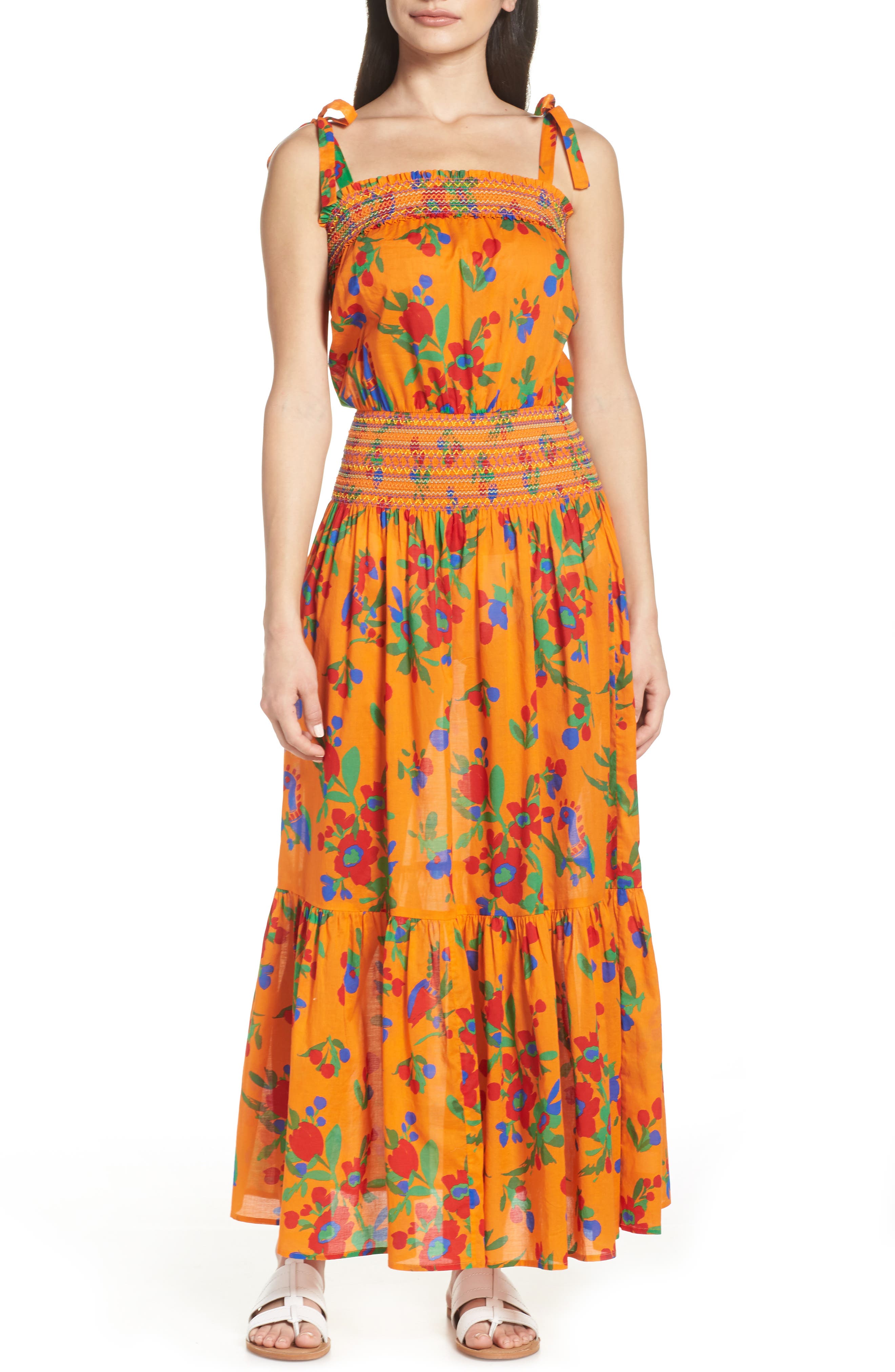 Tory Burch Smocked Cover-Up Maxi Dress, Orange