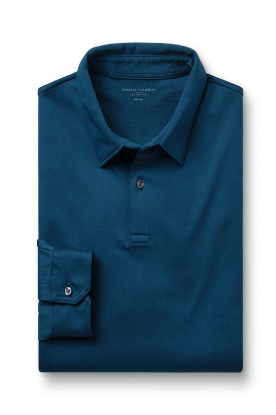 Shop Charles Tyrwhitt Plain Long Sleeve Jersey Polo In Turquoise Blue