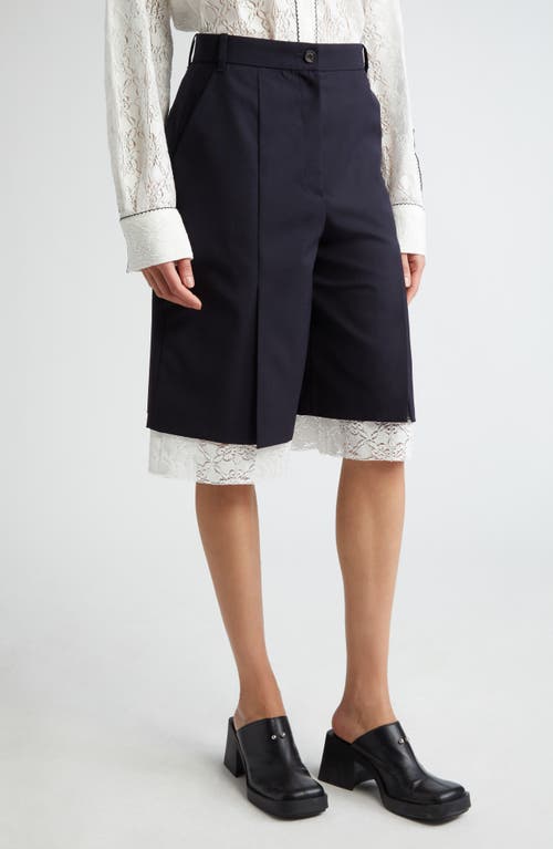 Lace Hem Slit Wool Blend Suit Shorts in Navy