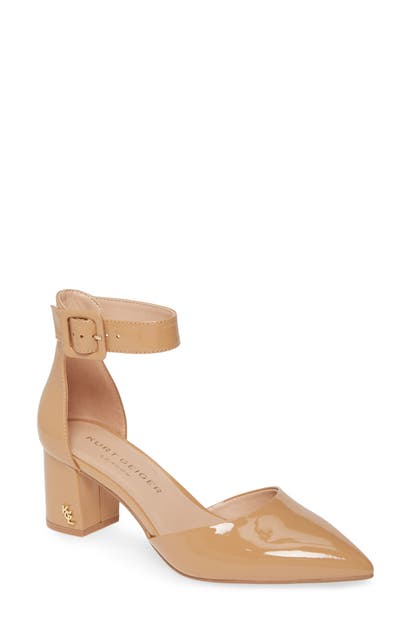 Click to view more detailed imagery on our partner's website Kurt Geiger London Burlington Ankle Strap Pump In Camel Patent Leather