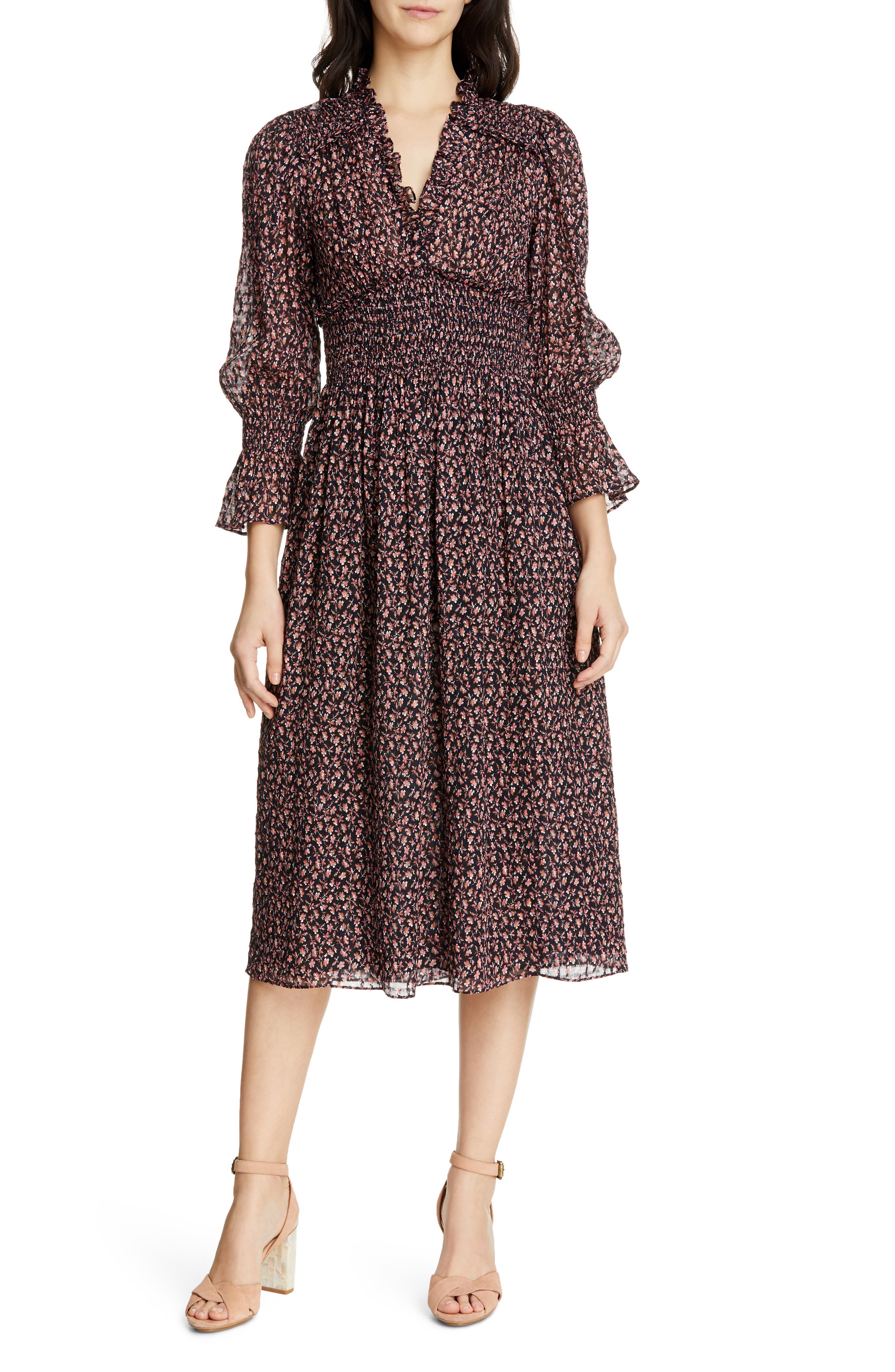 Rebecca Taylor Floral Smock Detail Long Sleeve Silk & Cotton Dress, Blue