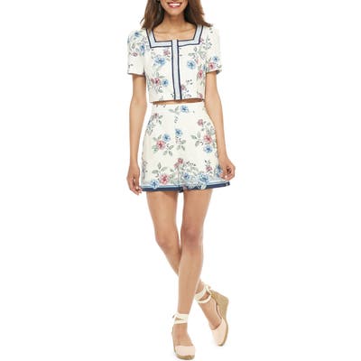 Gal Meets Glam Collection June Floral Print Two-Piece Linen Blend Romper, 0 (similar to 16W-18W) - Blue