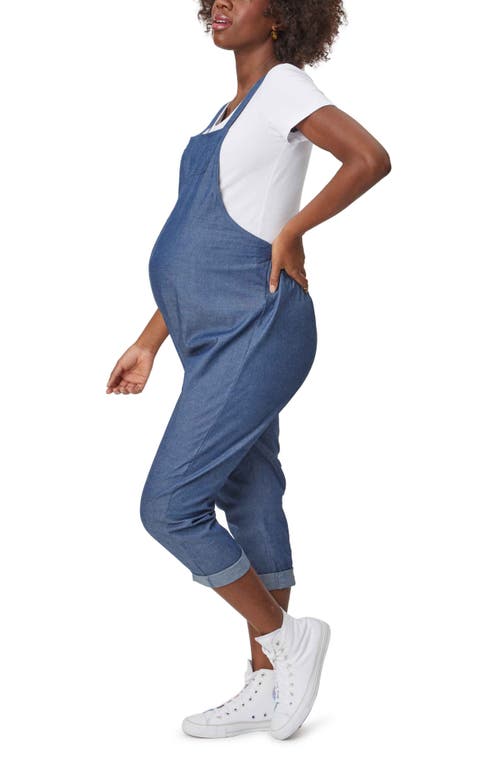 Shop Stowaway Collection Lightweight Crop Maternity Overalls In Denim/contrast Trim