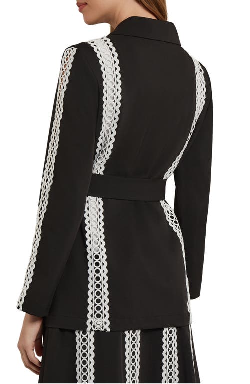 Misook Belted Eyelet-trim Twill Jacket In Black/white