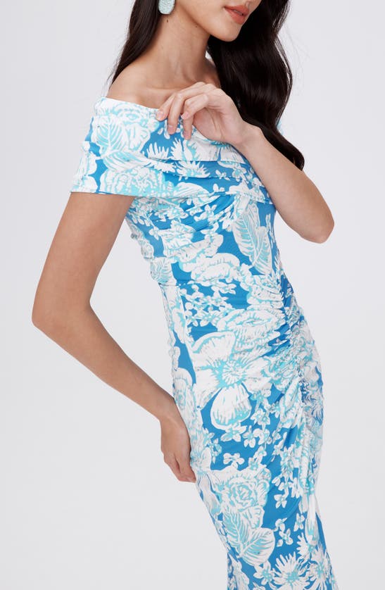 Shop Dvf Stephen Floral Portrait Neck Midi Dress In June Bloom Blue