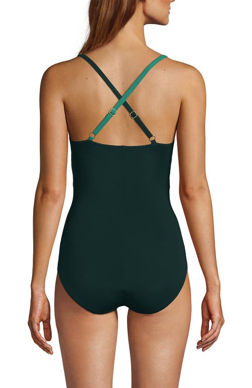 Shop Lands' End Slender Suit V-neck Pleated X-back One Piece Swimsuit Adjustable Straps In Island Emerald/deep Balsam