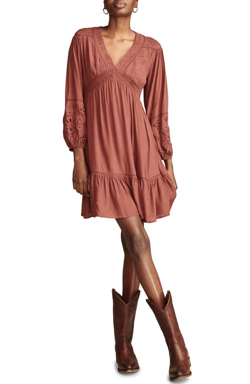 Shop Lucky Brand Cutwork Detail Long Sleeve Babydoll Minidress In Sable