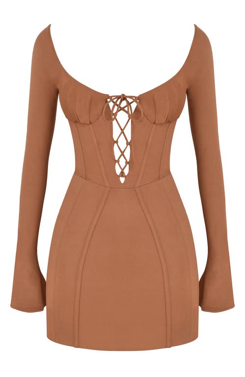 Flared Long Sleeve Corset Minidress in Walnut