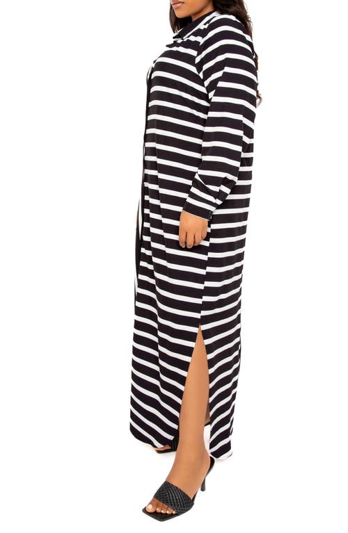 Shop Buxom Couture Long Sleeve Button-up Maxi Shirtdress In Black Stripe