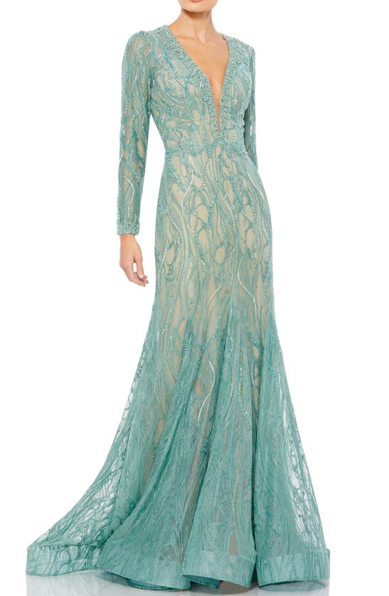 Mac Duggal Long Sleeve Lace Beaded Mermaid Gown In Sage
