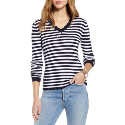 1901 Scallop Trim V-Neck Sweater, Blue