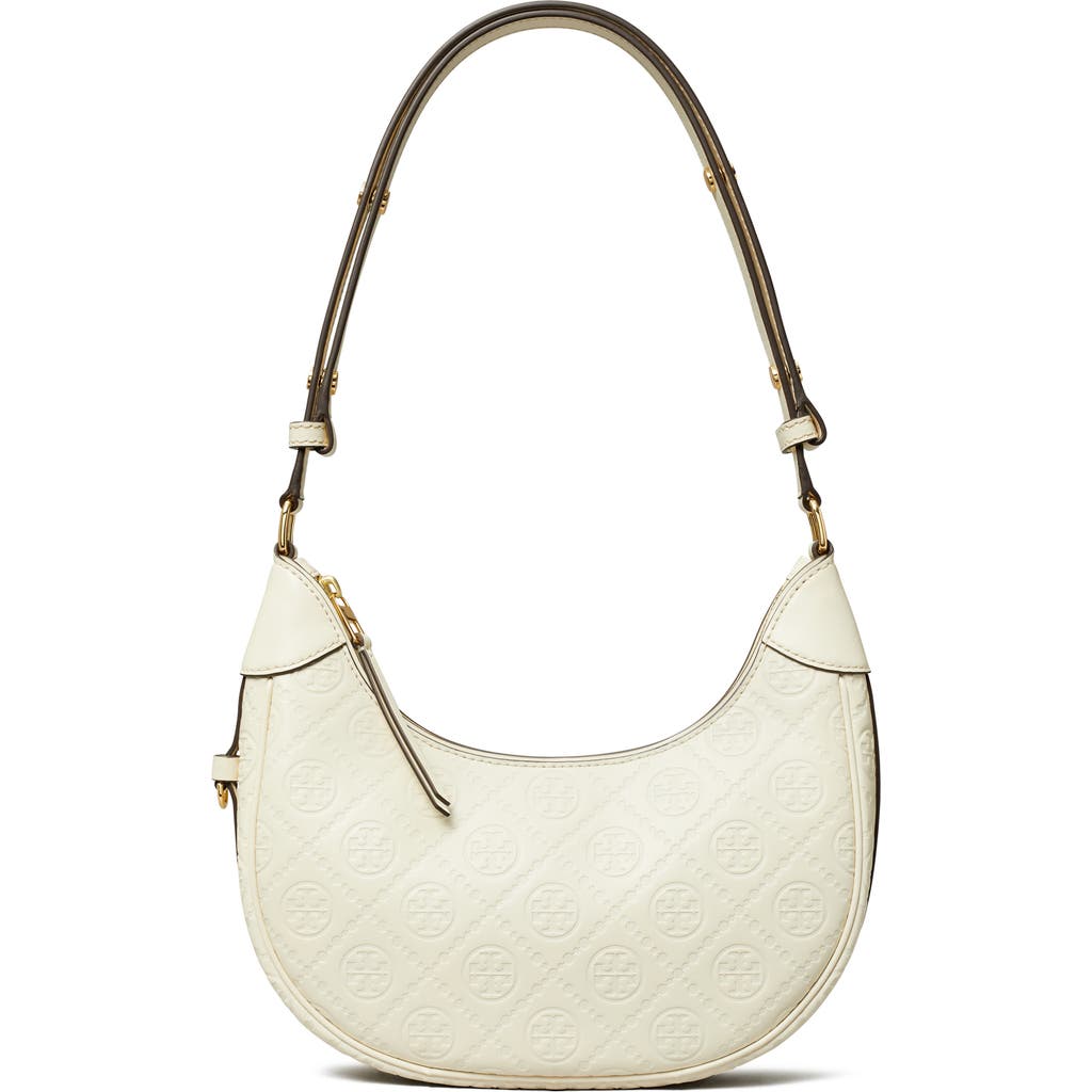 Tory Burch T-monogram Embossed Crescent Shoulder Bag In Light Cream