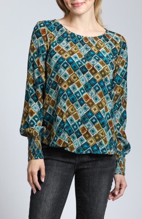 Apny Printed Smocked Cuff Top In Green Multi