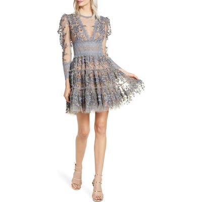 Bronx And Banco Megan Long Sleeve Grey Floral Lace Minidress, Grey