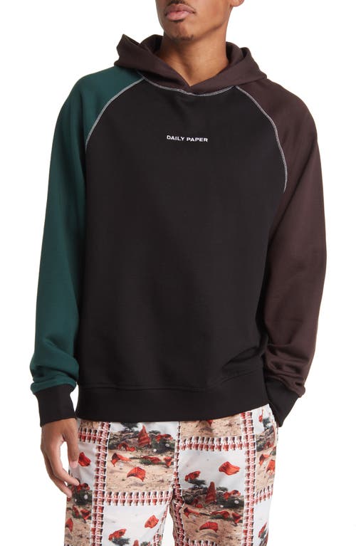 DAILY PAPER Ridha Colorblock Cotton Hoodie in Black/Syrup Brown/Pine Green