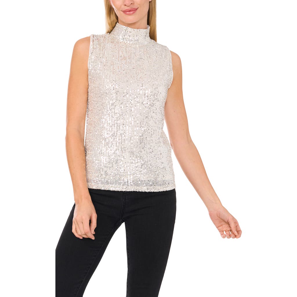 Cece Sequin Mock Neck Top In Champagne/silver