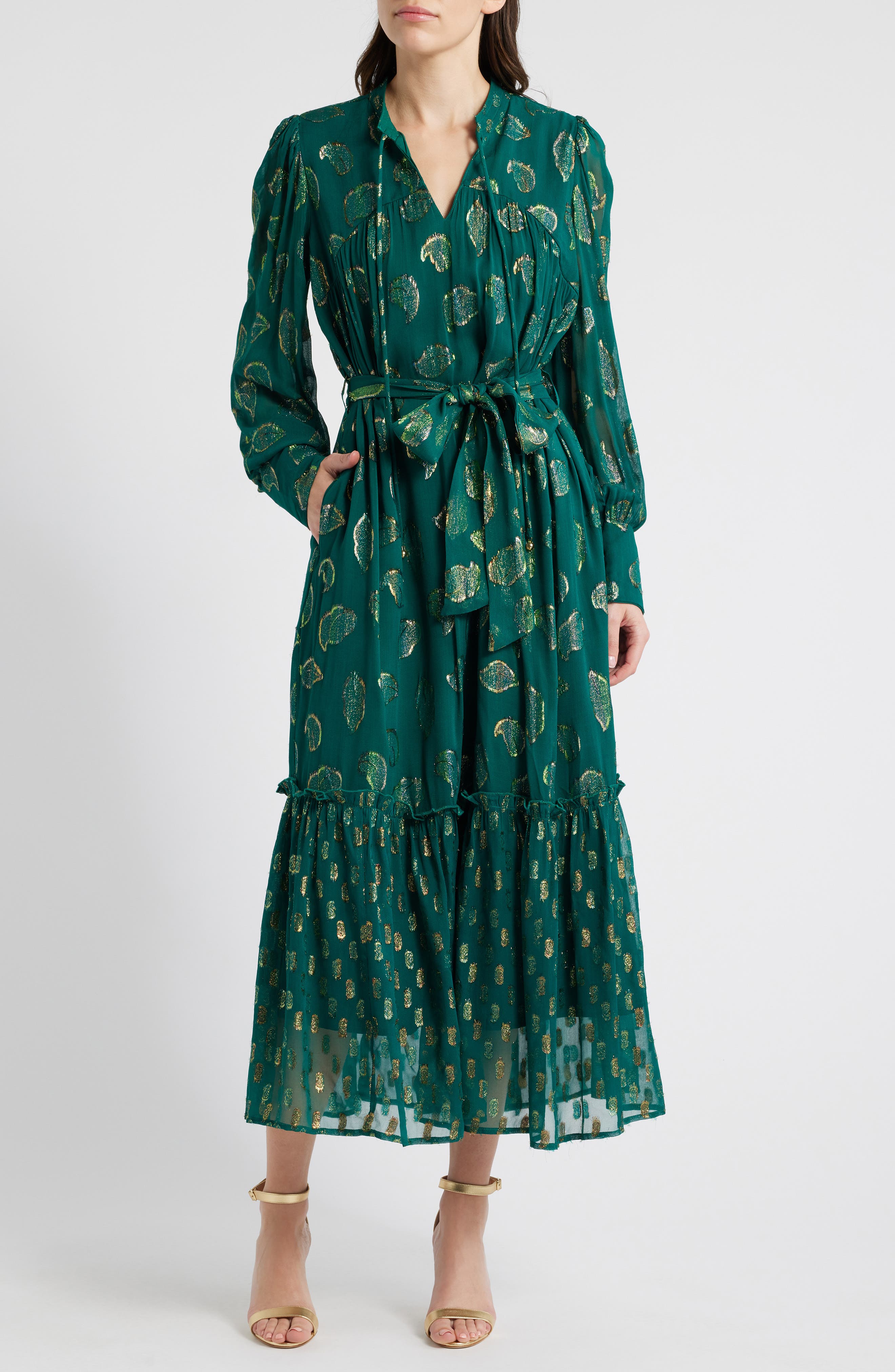 CIEBON Eriana Metallic Long Sleeve Belted Maxi Dress in Forest Green 
